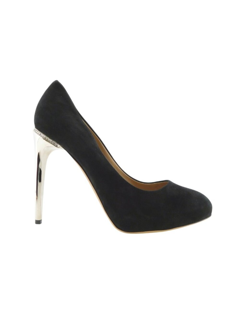 New FERRAGAMO Black Suede Leather Crystal Accent Trim Heel Pumps 8.5